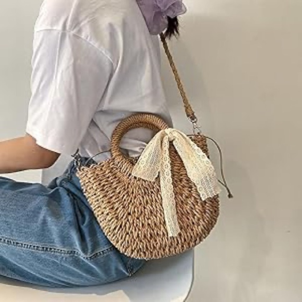 Rattan Half Moon Crossbody Tote